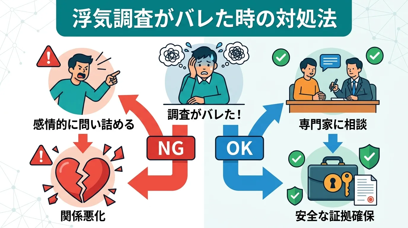 「浮気調査がバレた時の対処法」を解説するフローチャート形式のインフォグラフィック。フラットデザインのデジタルイラストで作成。上部に「調査がバレた!」と困惑する人物を配置し、下に矢印が2つに分岐。左のN