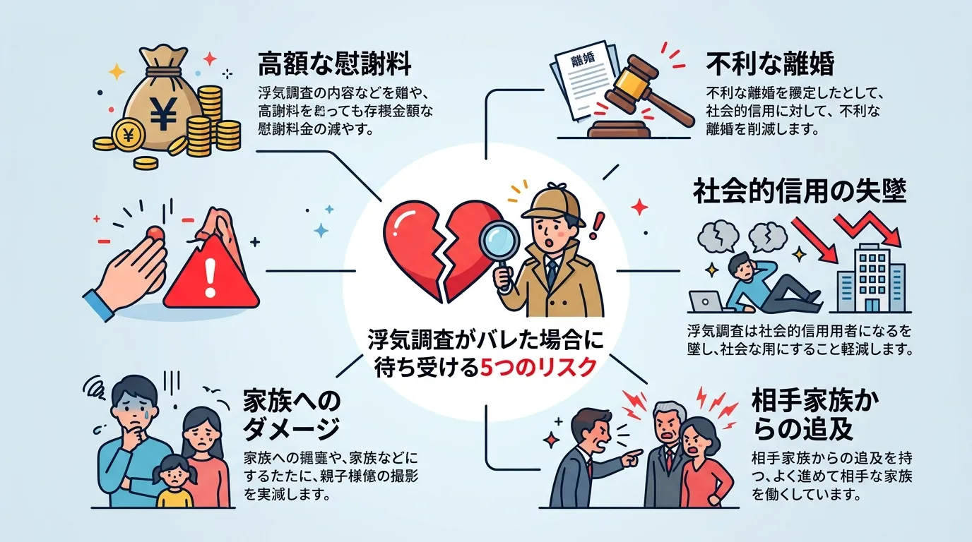 「浮気調査がバレた場合に待ち受ける5つのリスク」をテーマにしたインフォグラフィック。中央に探偵と割れたハートのアイコンを配置し、そこから放射状に「高額な慰謝料」「不利な離婚」「社会的信用の失墜」「相手