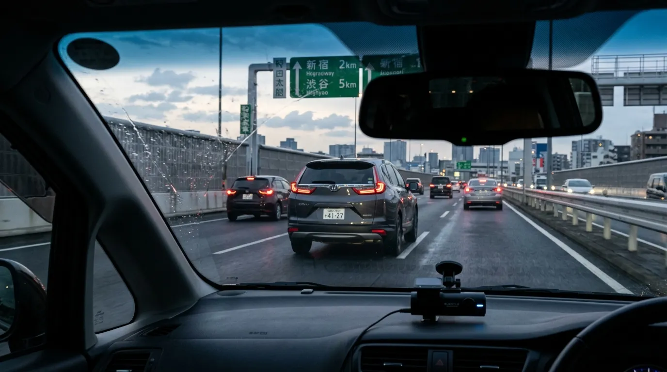対象車を気づかれないように追跡している車両尾行のイメージ写真。ドライブレコーダー視点や、バックミラー越しに対象車が見えるような構図など。]