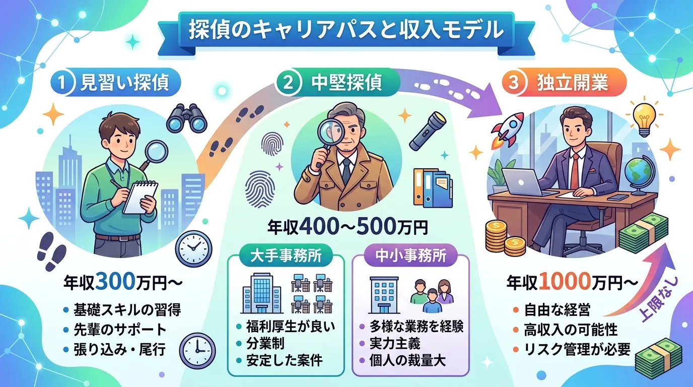 「探偵のキャリアパスと収入モデル」をテーマにしたインフォグラフィック。親しみやすいデジタルイラストで、左から「見習い探偵(年収300万円~)」「中堅探偵(年収400~500万円)」「独立開業(年収10