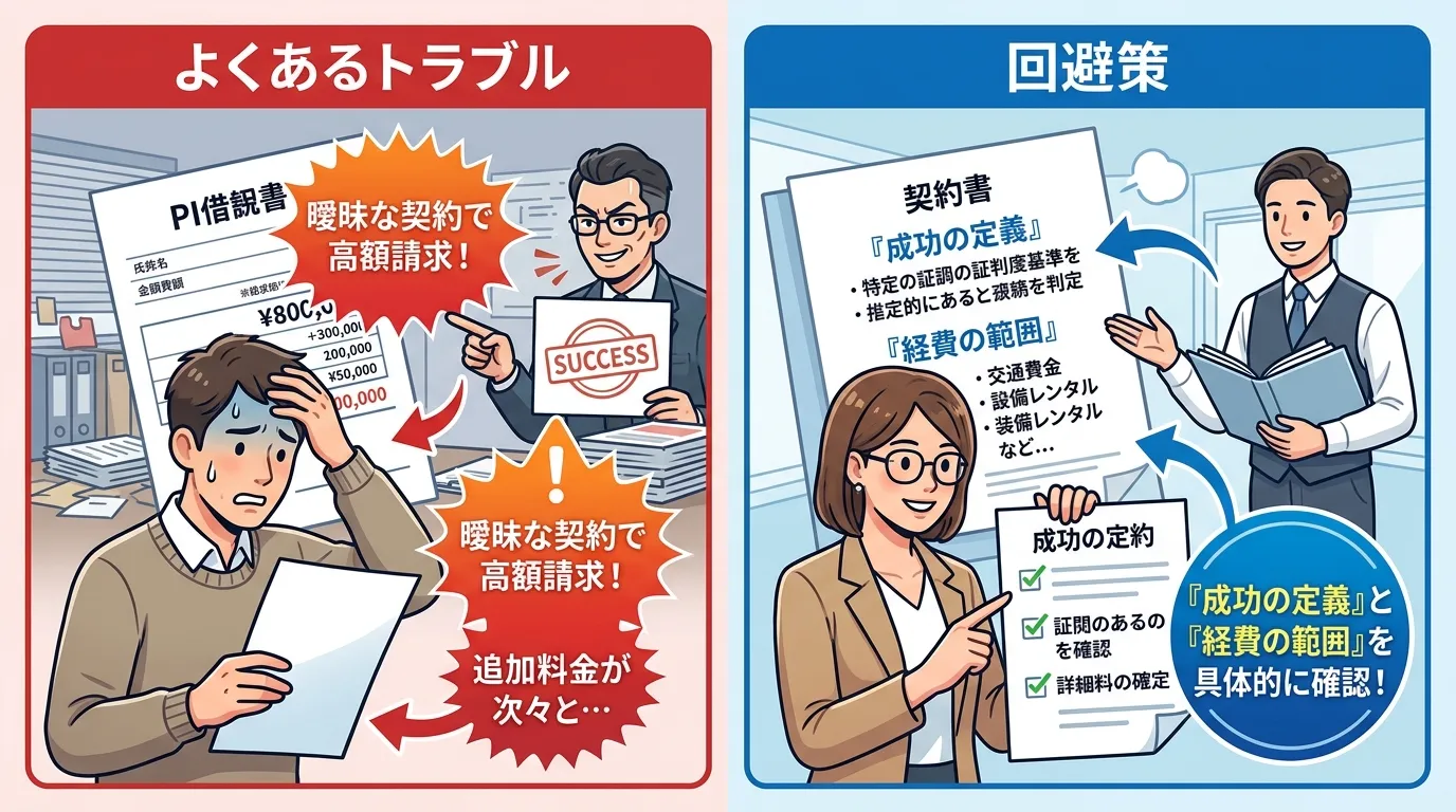 浮気調査の成功報酬プランのトラブルを解説するインフォグラフィック。画面を左右に分割した比較図で、左側は「よくあるトラブル」として曖昧な契約で高額請求され困る依頼者を描き、右側は「回避策」として契約書を