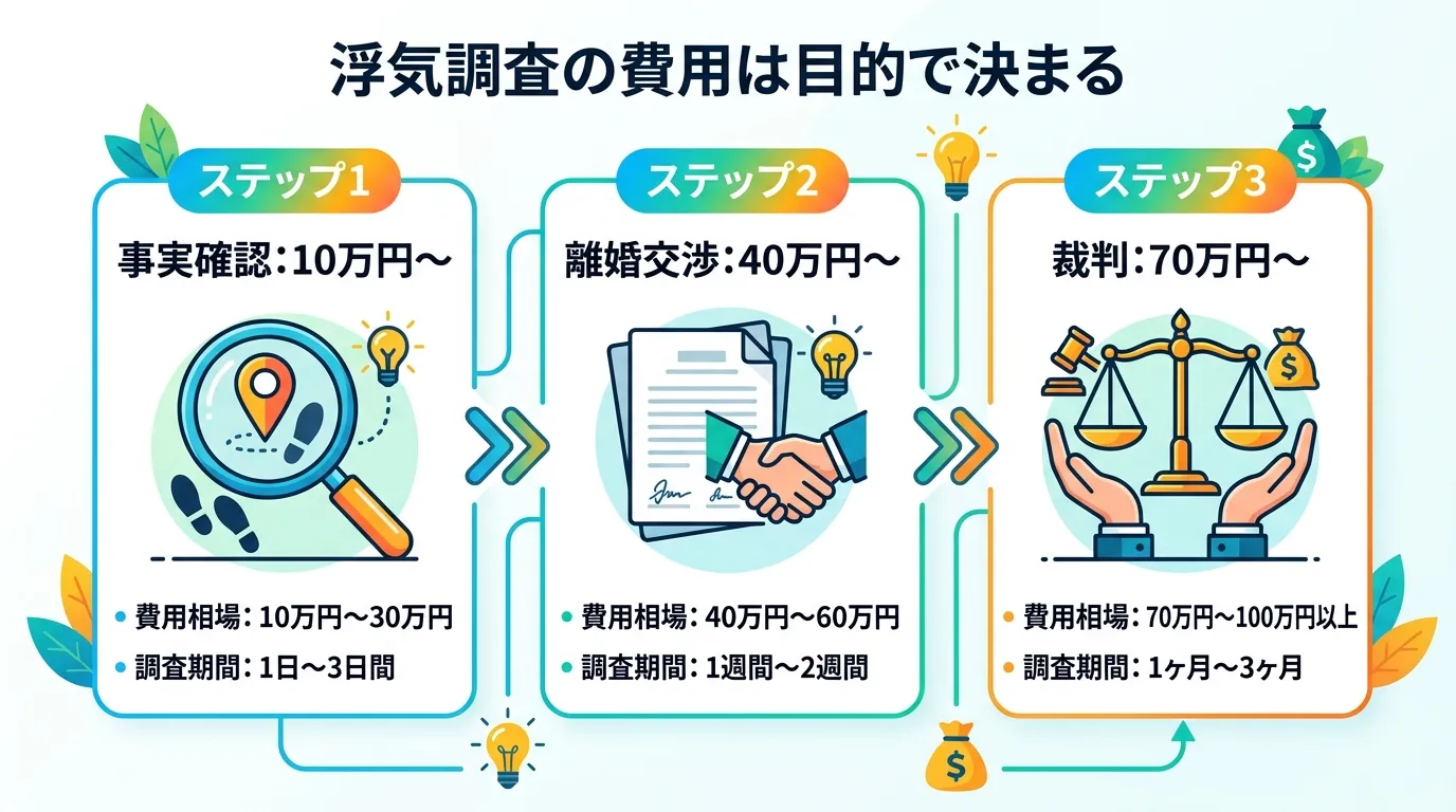 「浮気調査の費用は目的で決まる」というテーマのインフォグラフィック。左から右へ難易度が上がる3つのステップで構成し、ステップ1「事実確認:10万円~」に虫眼鏡アイコン、ステップ2「離婚交渉:40万円~