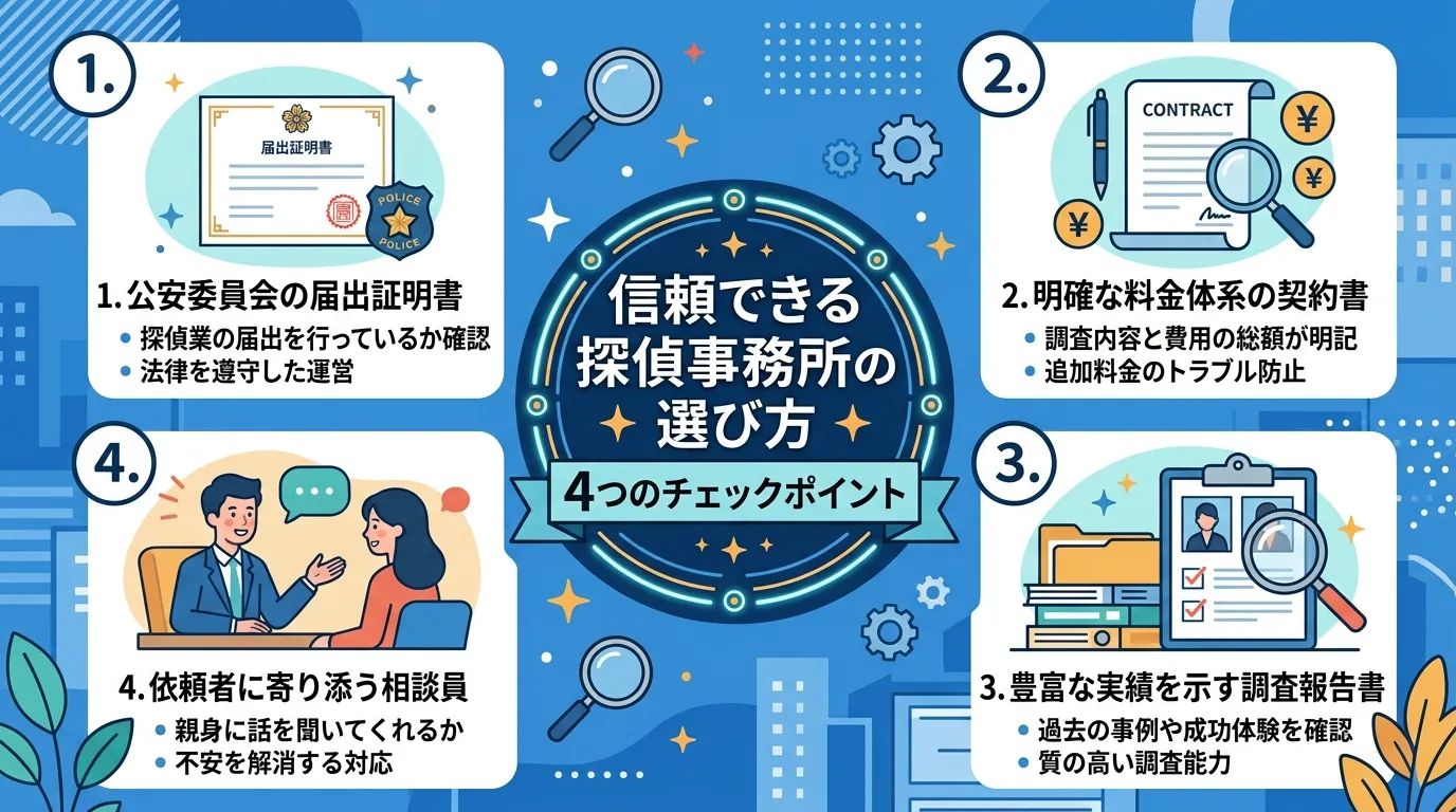 「信頼できる探偵事務所の選び方」をテーマにしたインフォグラフィック。中央に「4つのチェックポイント」というタイトルを配置。その周りに4つの項目を番号付きで分かりやすく図解する。1.「公安委員会の届出証