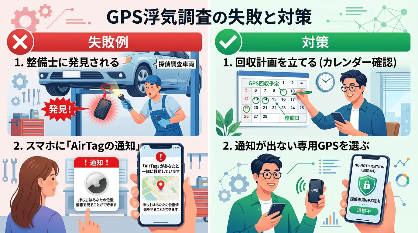 GPS浮気調査の失敗と対策をテーマにしたインフォグラフィック。左側に赤いバツ印と共に「失敗例」として、整備士が車からGPSを発見する様子と、スマホに「AirTagの通知」が表示される様子を描く。右側に
