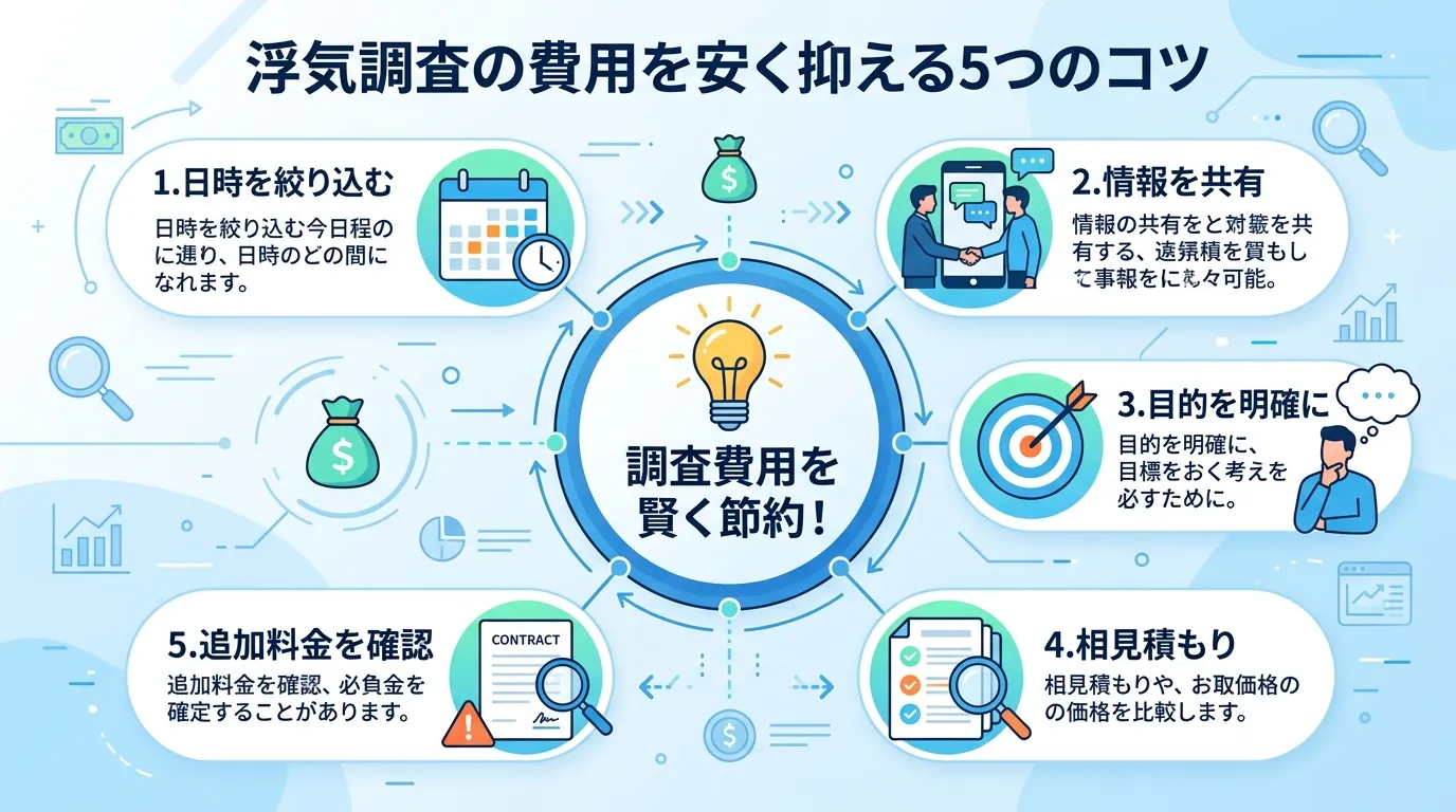 「浮気調査の費用を安く抑える5つのコツ」をテーマにしたインフォグラフィック。フラットデザインのデジタルイラストで、青と白を基調とした清潔感のあるスタイル。中央に「調査費用を賢く節約!」という見出しと電