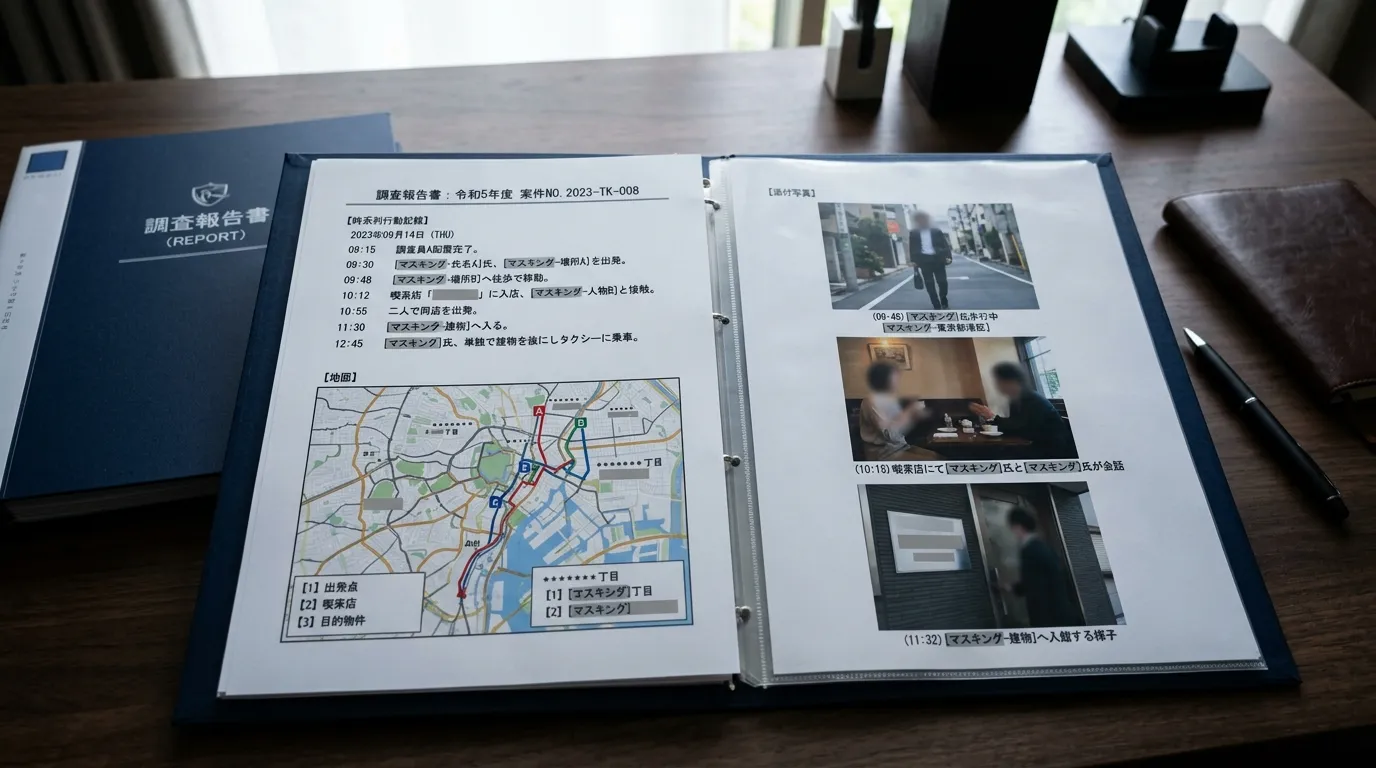 探偵が作成する調査報告書のサンプル画像。時系列の行動記録、写真、地図などがどのようにまとめられているかを示す（個人情報や地名はマスキング処理済みのもの）]