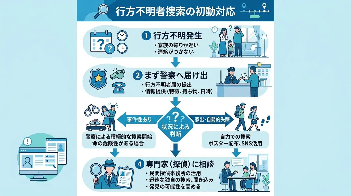 「行方不明者捜索の初動対応」をテーマにしたインフォグラフィック。上から下へ流れるステップ図で、アイコンと日本語テキストで解説。①不安な家族「行方不明発生」&rarr;②警察署「まず警察へ届け出」&rarr;③分岐点：「事