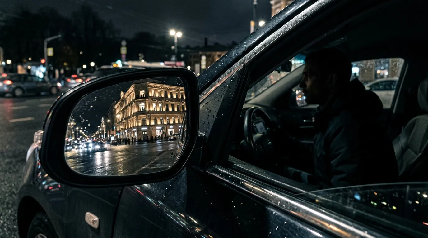 夜の街で、車のサイドミラー越しに遠くの建物を見つめる人物のシルエット。張り込みの緊張感を表現する。]