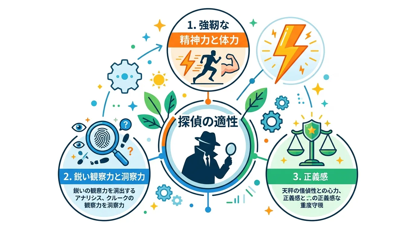 インフォグラフィック、探偵に求められる3つの資質。中央に「探偵の適性」というタイトルと探偵のシルエット。そこから線が伸び、3つの要素を配置。1つ目は「強靭な精神力と体力」と稲妻のアイコン。2つ目は「鋭