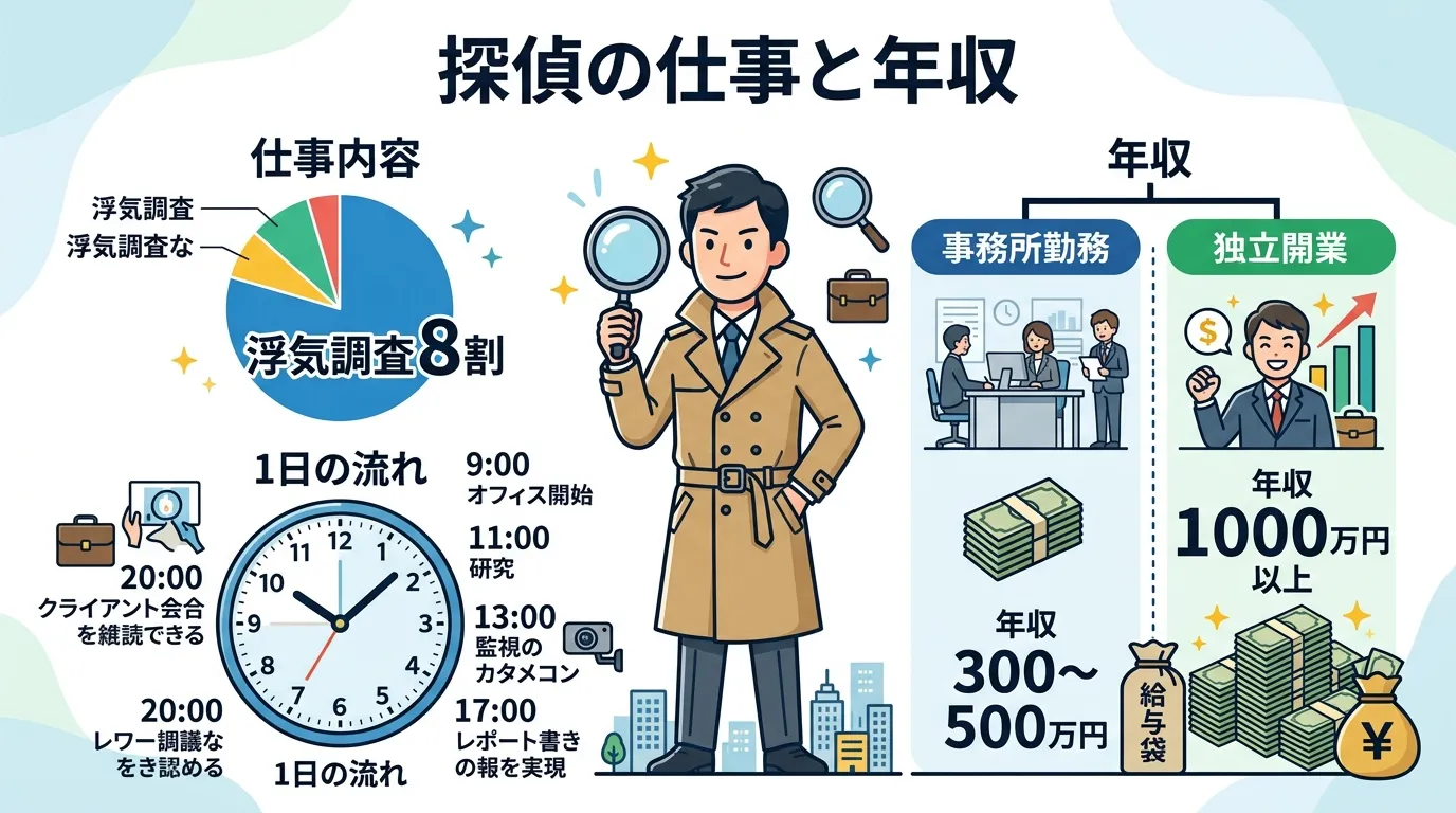 「探偵の仕事と年収」をテーマにしたインフォグラフィック。中央に探偵のイラストを配置。左側に「仕事内容」として「浮気調査8割」を示す円グラフと、1日の流れを表す時計と業務アイコンを配置。右側に「年収」と
