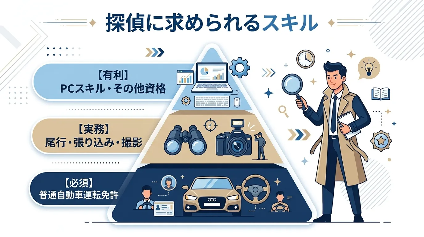 「探偵に求められるスキル」というタイトルのインフォグラフィック。モダンなフラットデザインのデジタルイラストで、ピラミッド型の図解を中心に配置。ピラミッドは3段構造で、下から順に「【必須】普通自動車運転