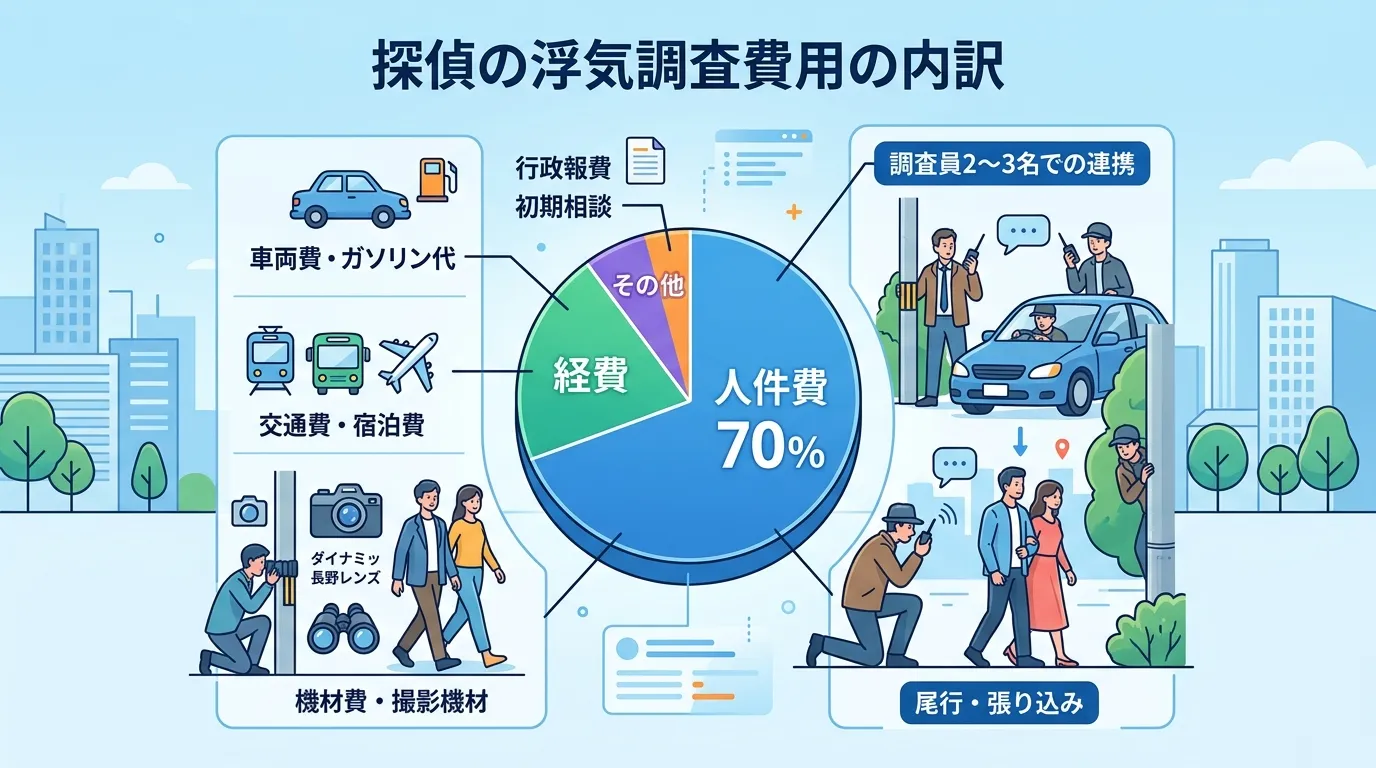 「探偵の浮気調査費用の内訳」をテーマにしたインフォグラフィック。中央に「人件費 70%」「経費」「その他」と書かれた円グラフを配置。最大の項目「人件費」の理由として、調査員2〜3名が連携して尾行や張り