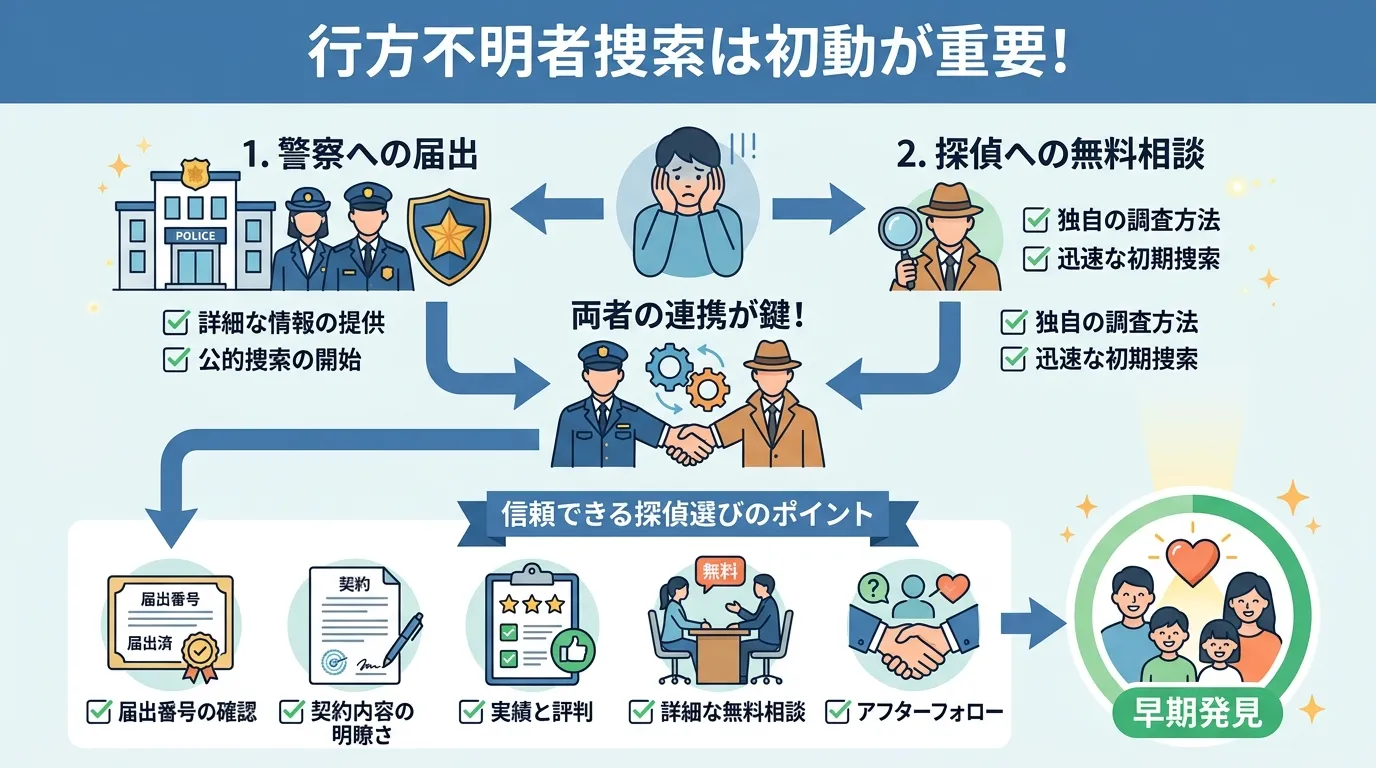 行方不明者捜索の初動対応を解説するインフォグラフィック。フラットデザインのデジタルイラストで、分かりやすいアイコンと日本語テキストを使用。上部に「行方不明者捜索は初動が重要！」というタイトル。中央で「