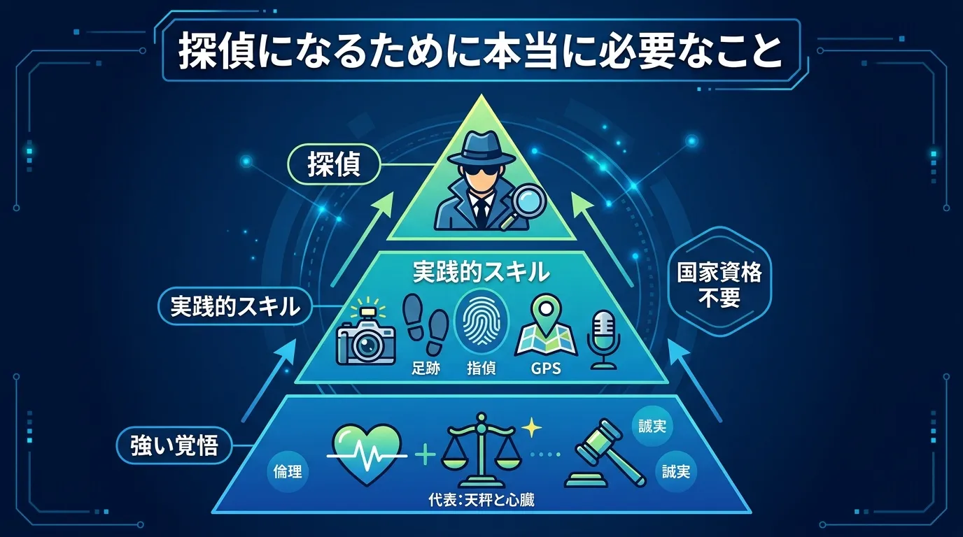 「探偵になるために本当に必要なこと」というテーマのインフォグラフィック。中央に大きなピラミッド図を配置し、頂点に「探偵」の人物アイコン、中段に「実践的スキル」としてカメラや足跡のアイコン、最も広い土台