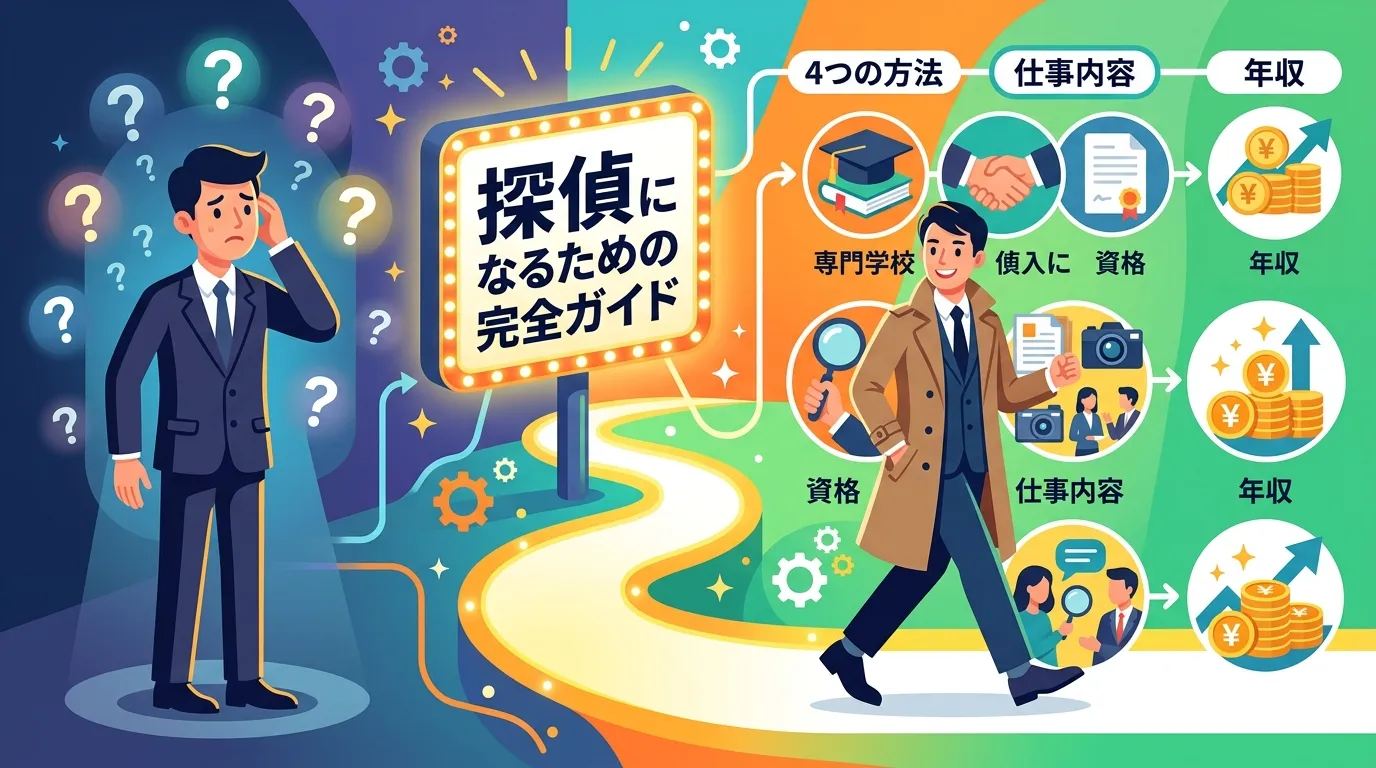 探偵になるまでの道のりを描いたインフォグラフィック。左にはスーツ姿の男性が「？」マークに囲まれ悩んでいる姿。中央に「探偵になるための完全ガイド」という光る道しるべ。右には同じ男性が自信に満ちた表情で、