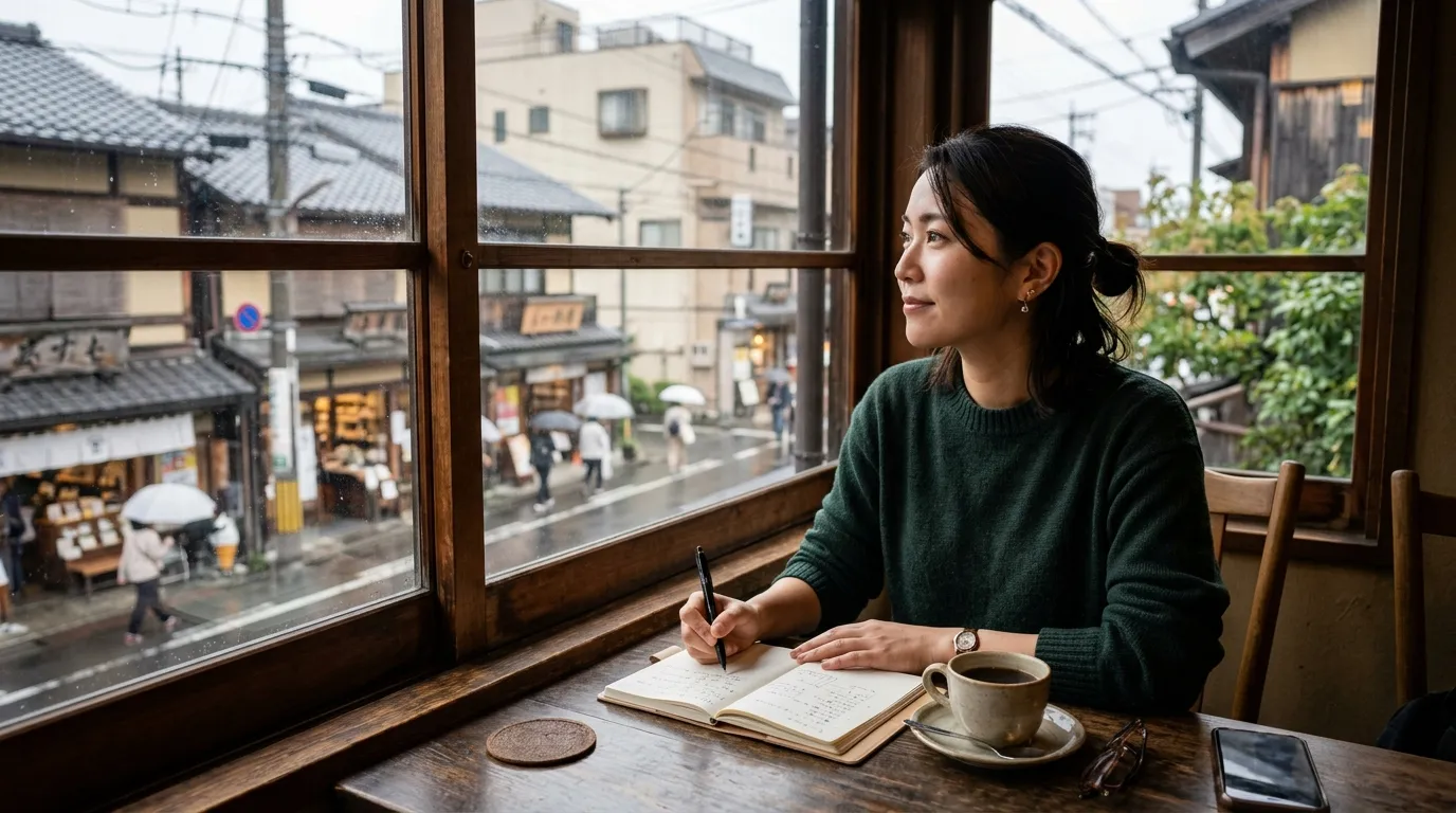 カフェの窓際で、手帳にメモを取りながら外の様子を伺っている人物の様子の写真。]