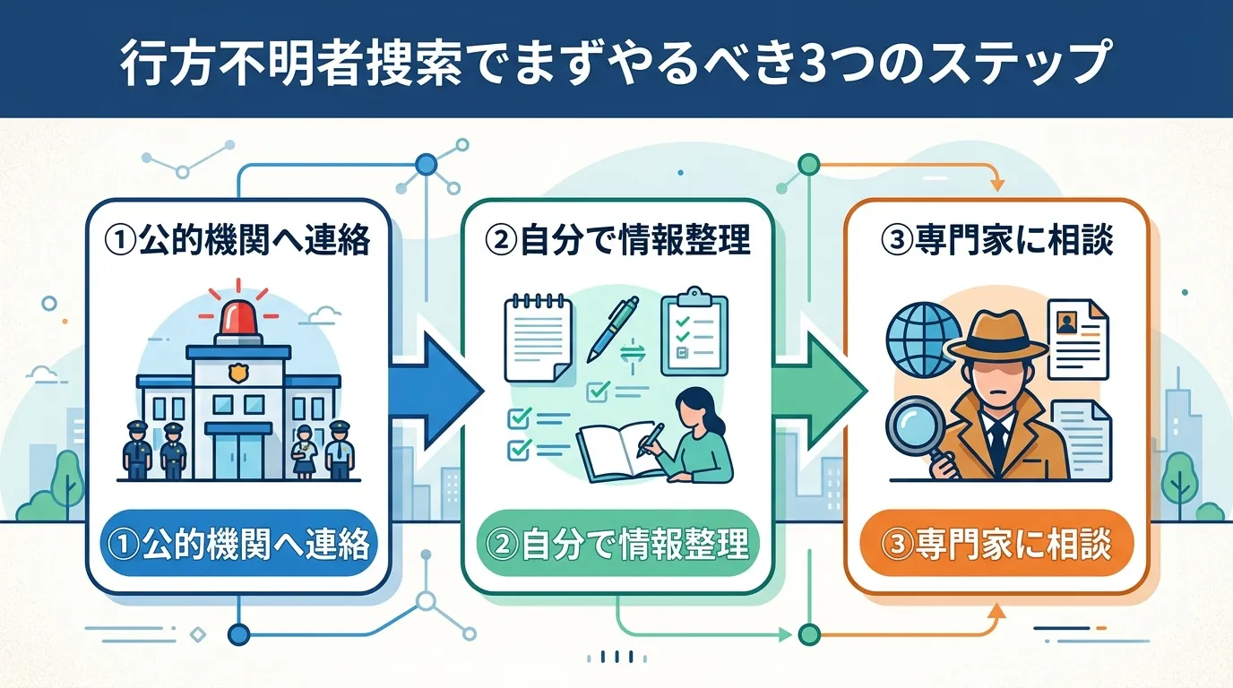 「行方不明者捜索でまずやるべき3つのステップ」というタイトルのインフォグラフィック。落ち着いた色調のデジタルイラスト。中央に「①公的機関へ連絡（警察署のアイコン）」「②自分で情報整理（メモとペンのアイ