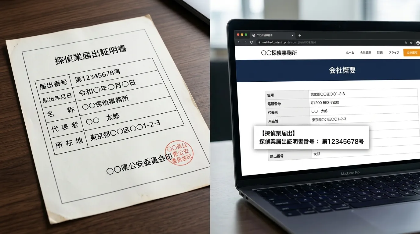 探偵業届出証明書の実物見本（番号などはダミー）の写真と、ウェブサイトの会社概要ページに届出番号が記載されている部分のスクリーンショット画像。]