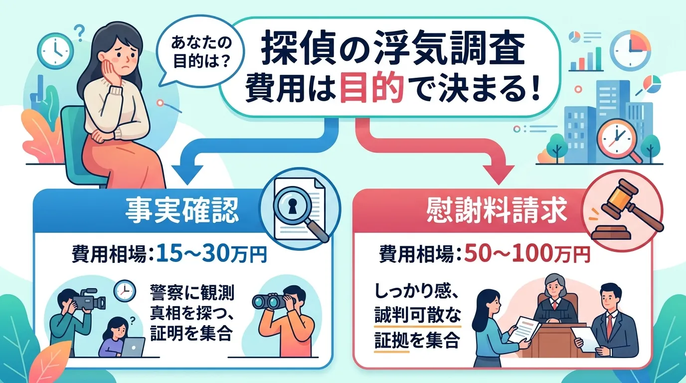 「探偵の浮気調査 費用は目的で決まる!」というタイトルのインフォグラフィック。悩む女性の吹き出し「あなたの目的は?」から2つの矢印が伸びるフローチャート形式。左は「事実確認」に繋がり「費用相場:15〜
