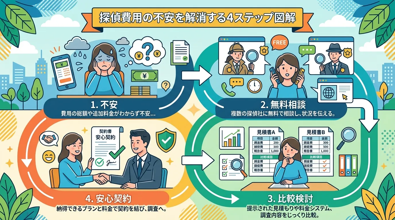 インフォグラフィック、フラットデザイン。探偵の費用不安を解消する4ステップの図解。悩んでいる女性が「複数の探偵社に無料相談」をし、「料金説明を比較検討」して、最終的に「納得して契約」するまでの流れを矢