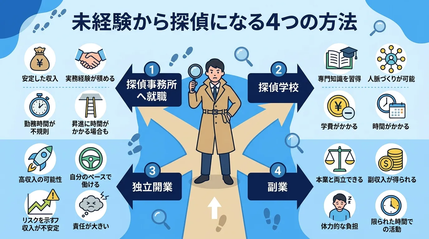インフォグラフィック、『未経験から探偵になる4つの方法』というタイトル。中央の人物から4本の道が分岐する図解で、各道に「探偵事務所へ就職」「探偵学校」「独立開業」「副業」のラベルと、それぞれのメリット