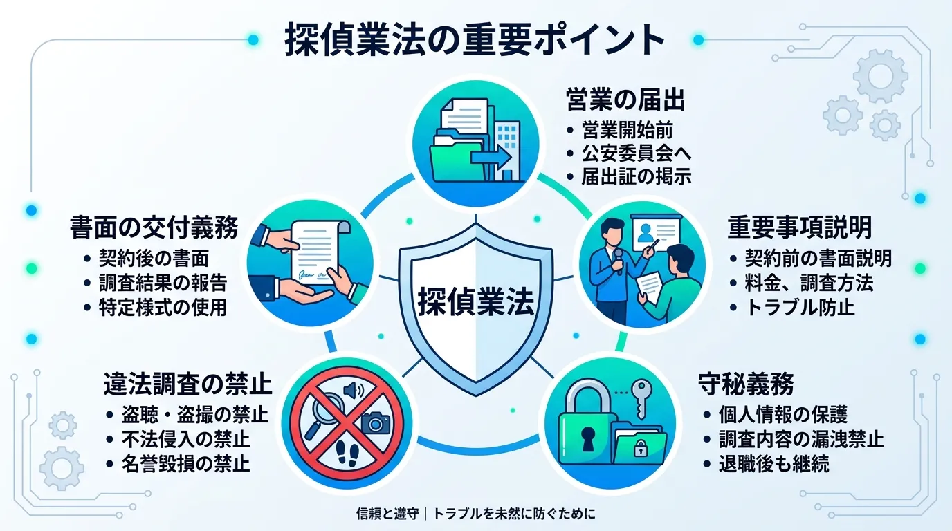 「探偵業法の重要ポイント」をテーマにしたインフォグラフィック。中央に「探偵業法」と書かれた盾のアイコンを配置。その周りに「営業の届出」「重要事項説明」「守秘義務」「違法調査の禁止」など5つの要点を、書