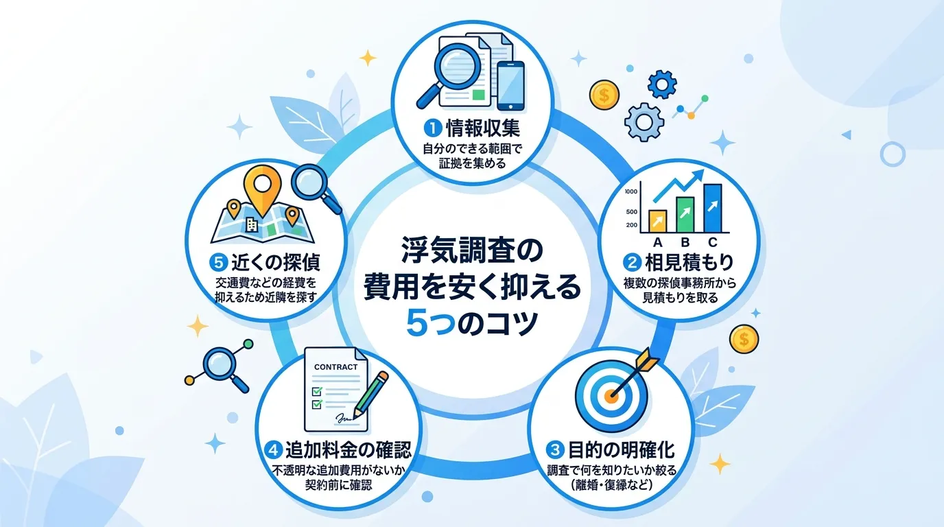 「浮気調査の費用を安く抑える5つのコツ」というテーマのインフォグラフィック。中央にタイトルを配置し、その周りに5つのポイントをアイコン付きで円形に並べる。①情報収集(虫眼鏡)、②相見積もり(比較グラフ