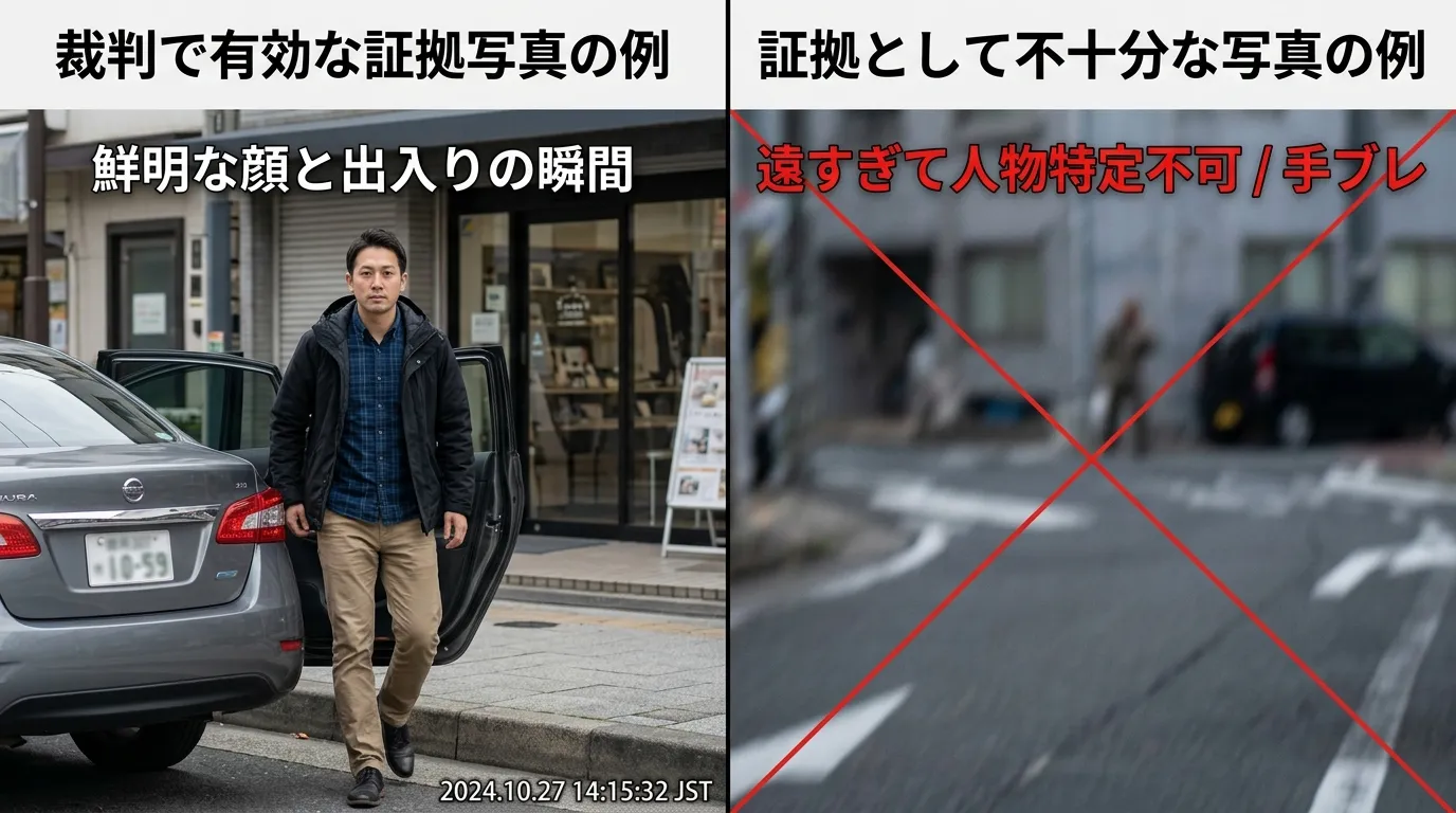 裁判で有効な証拠写真の例（対象者の顔と出入りの瞬間が鮮明）と、証拠として不十分な写真の例（遠すぎて人物が特定できない、手ブレがひどい）を比較する画像]