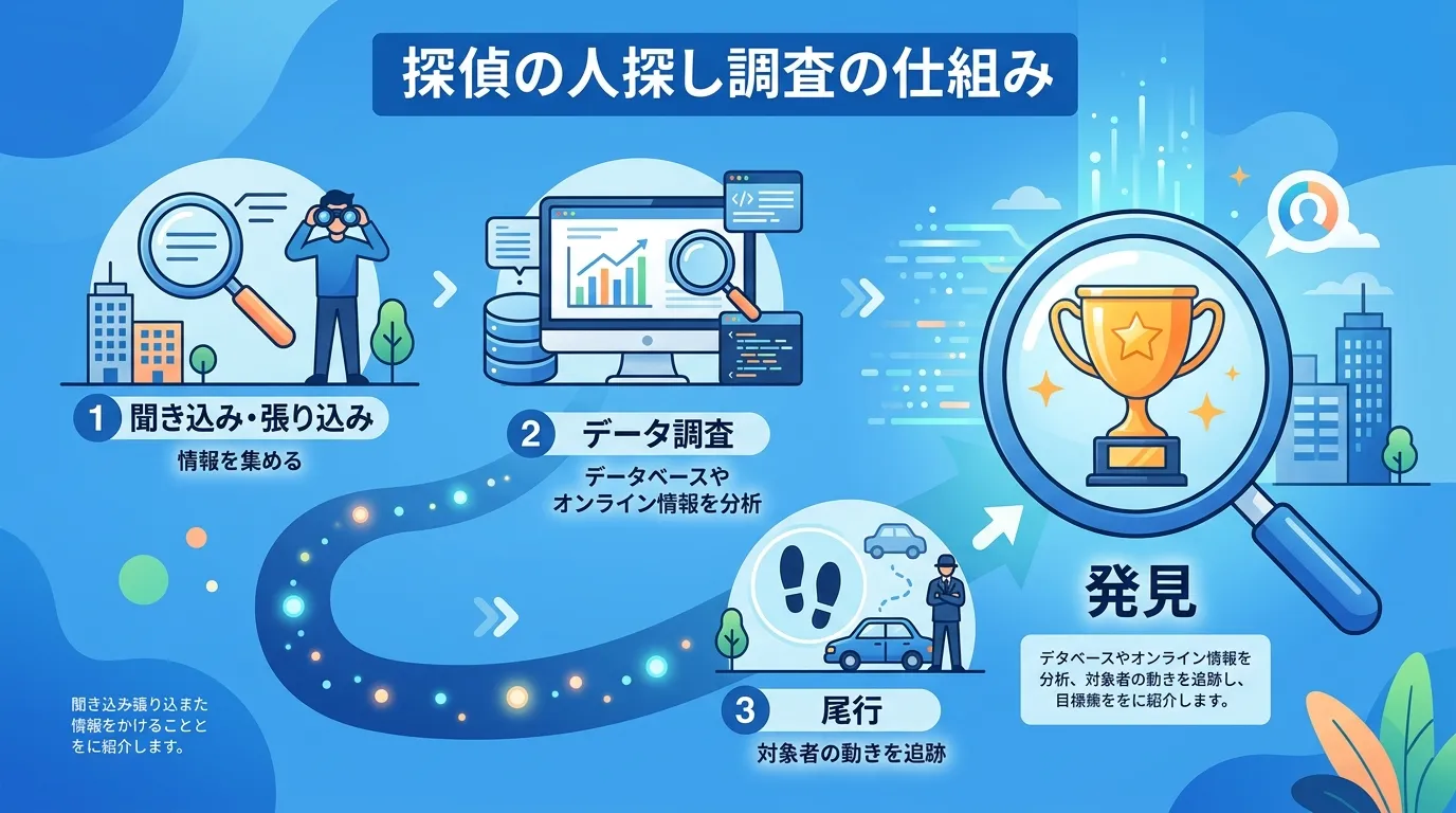 探偵の人探し調査の仕組みを解説するインフォグラフィック。中央に「発見」というゴールを置き、そこへ向かう3つのステップ「聞き込み・張り込み（虫眼鏡）」「データ調査（PC）」「尾行（足跡）」をアイコン付き