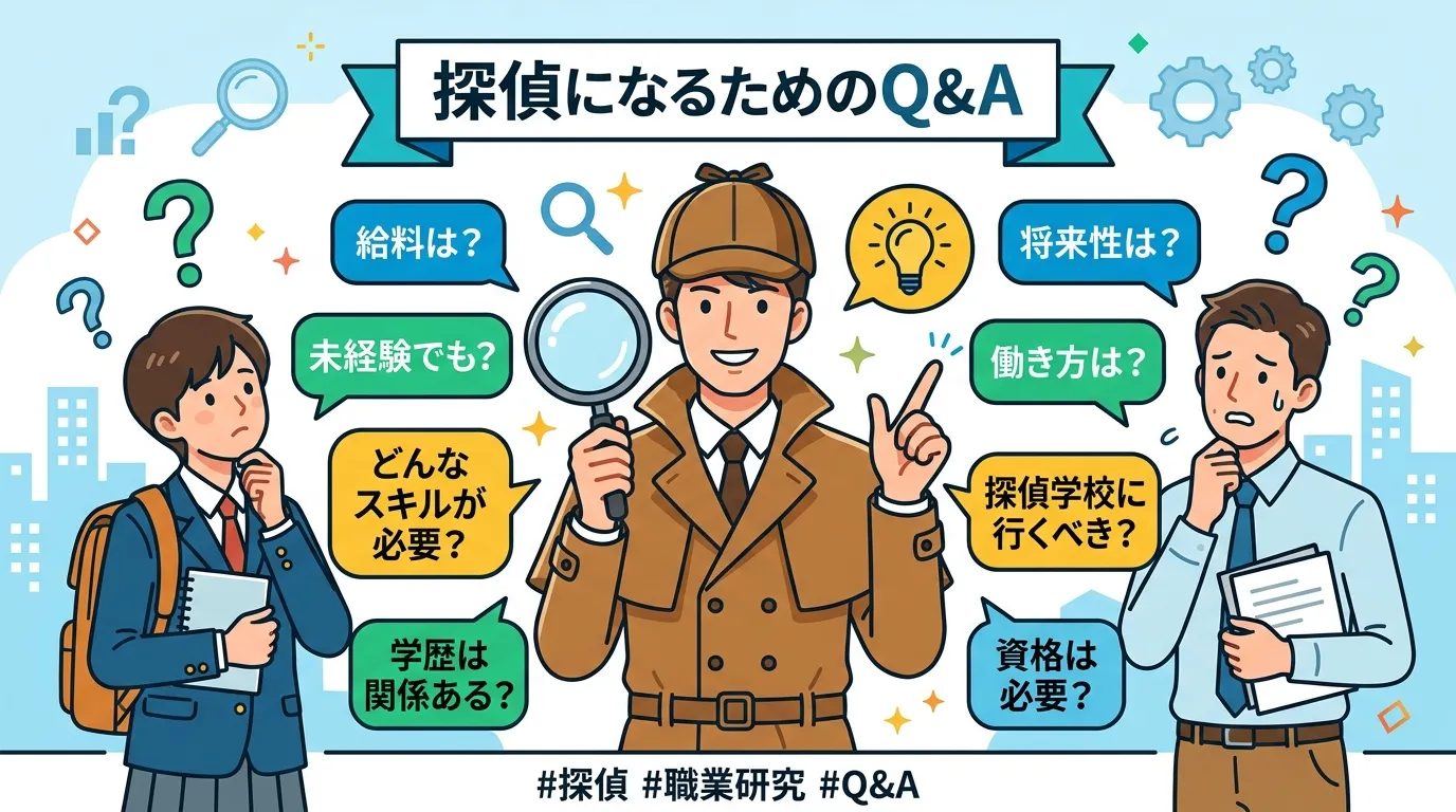 インフォグラフィック、デジタルイラスト。中央に虫眼鏡を持つ頼もしい探偵。その左右に、進路に悩む学生と働き方に不安を抱える社会人がいる。二人から「給料は？」「未経験でも？」「スキルは？」といった疑問の吹