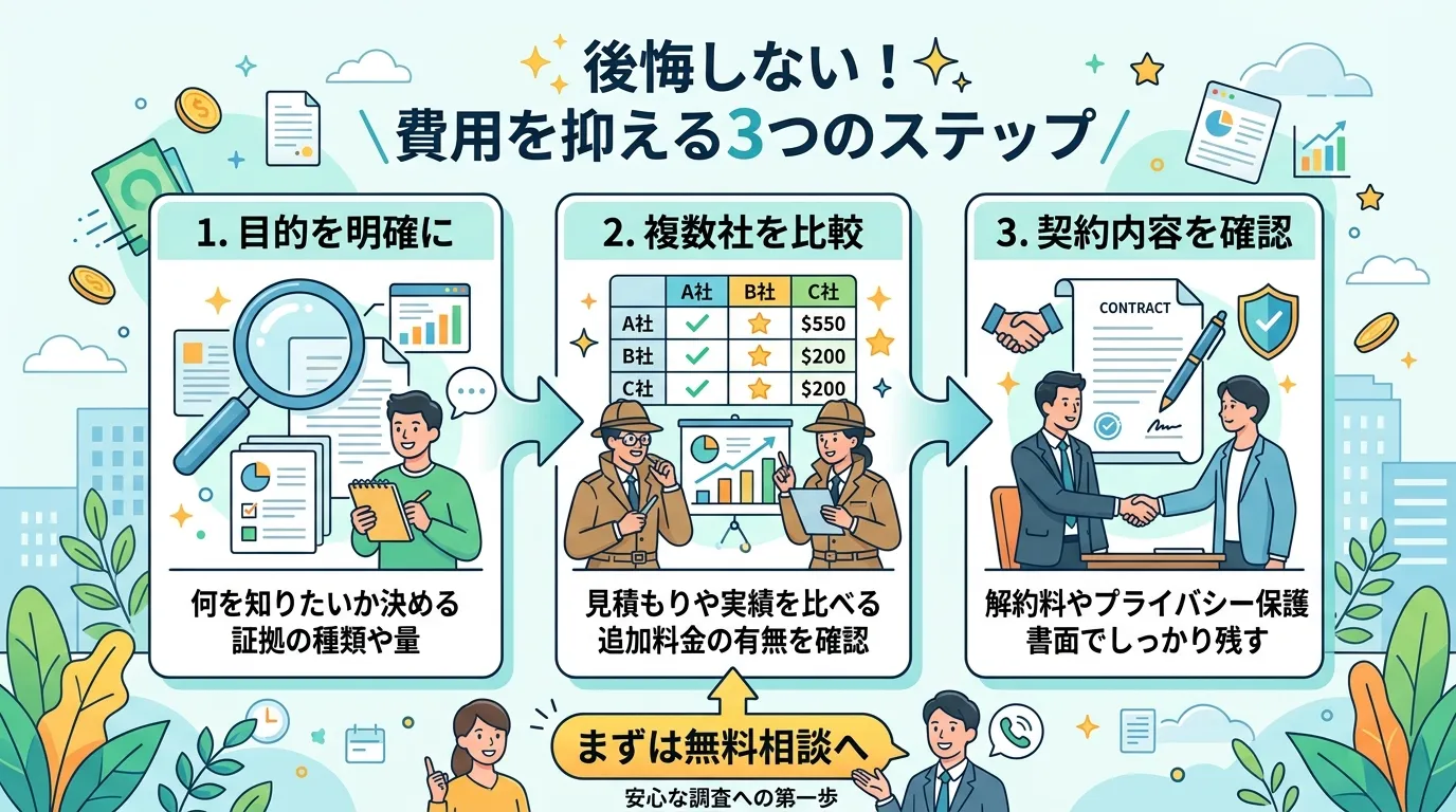 浮気調査の費用を抑えるためのインフォグラフィック。「後悔しない!費用を抑える3つのステップ」というタイトルを中央に配置。ステップ1「目的を明確に」と虫眼鏡アイコン、ステップ2「複数社を比較」と比較表ア
