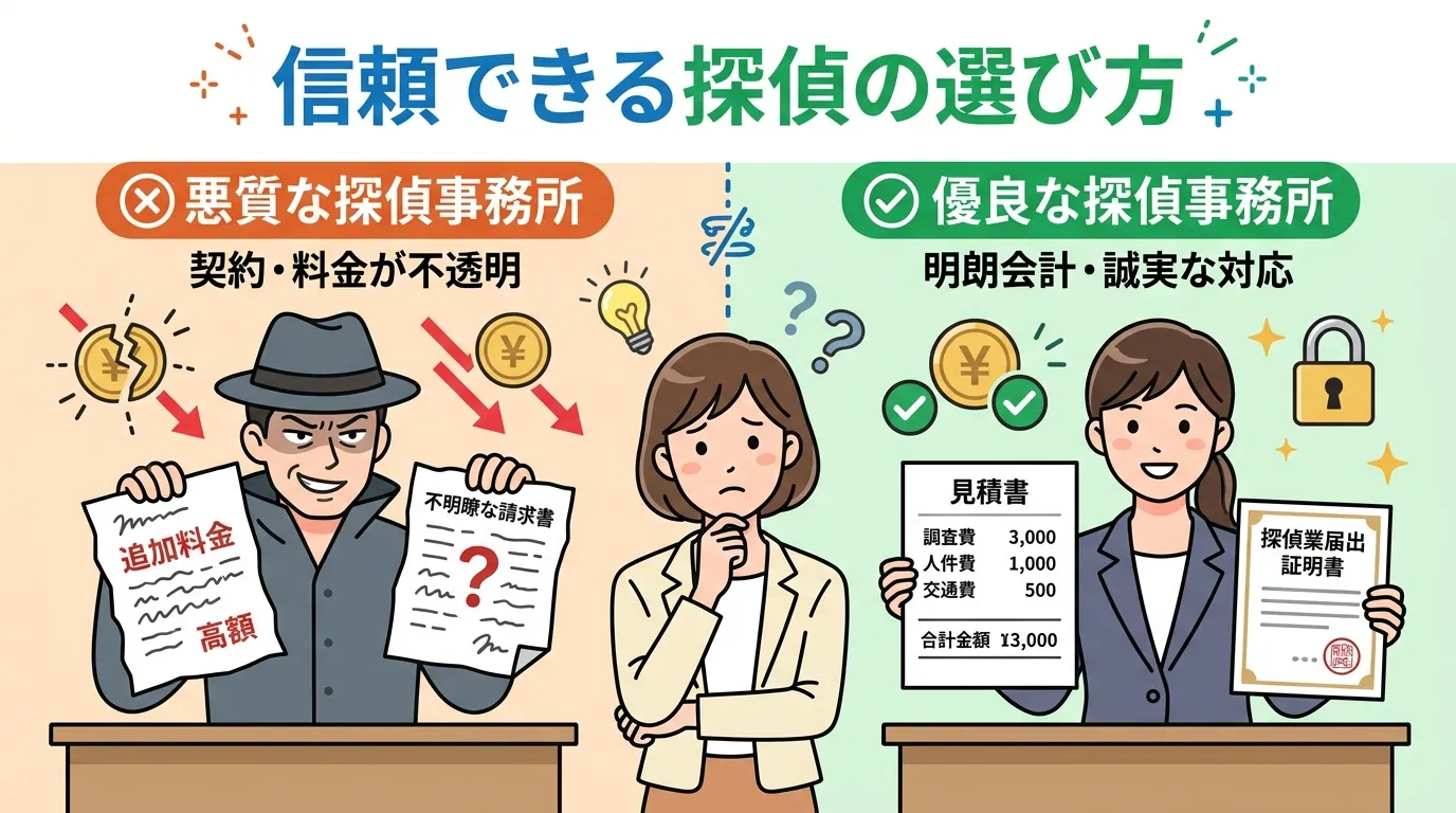 インフォグラフィック、「信頼できる探偵の選び方」というタイトル。悪質な探偵と優良な探偵を比較する左右分割の図。左側には、怪しい表情の探偵が「?」と書かれた不明瞭な請求書を見せ、不安を煽る。右側には、誠