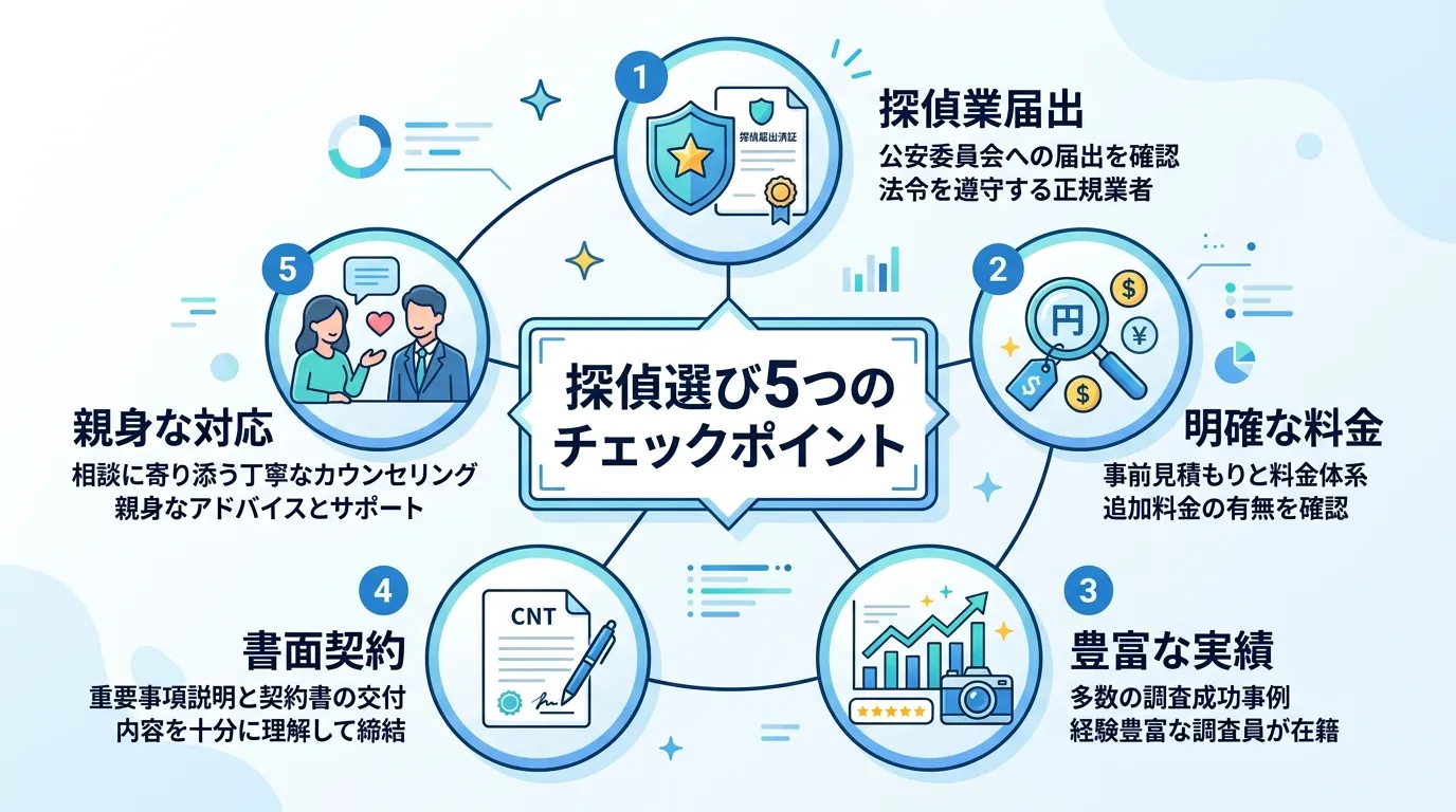 「信頼できる探偵の選び方」をテーマにしたインフォグラフィック。中央に「探偵選び5つのチェックポイント」というタイトルを配置。その周りに、1から5までの番号とアイコンを伴う円形のステップ図として「探偵業