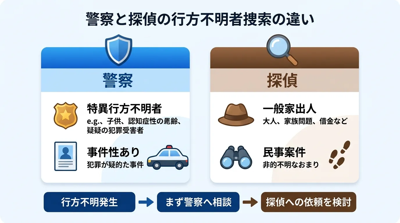 「警察と探偵の行方不明者捜索の違い」をテーマにしたインフォグラフィック。画面を左右に分割し、左に「警察（青系）」、右に「探偵（茶系）」を配置した比較図。警察側には盾のアイコンと「特異行方不明者」「事件